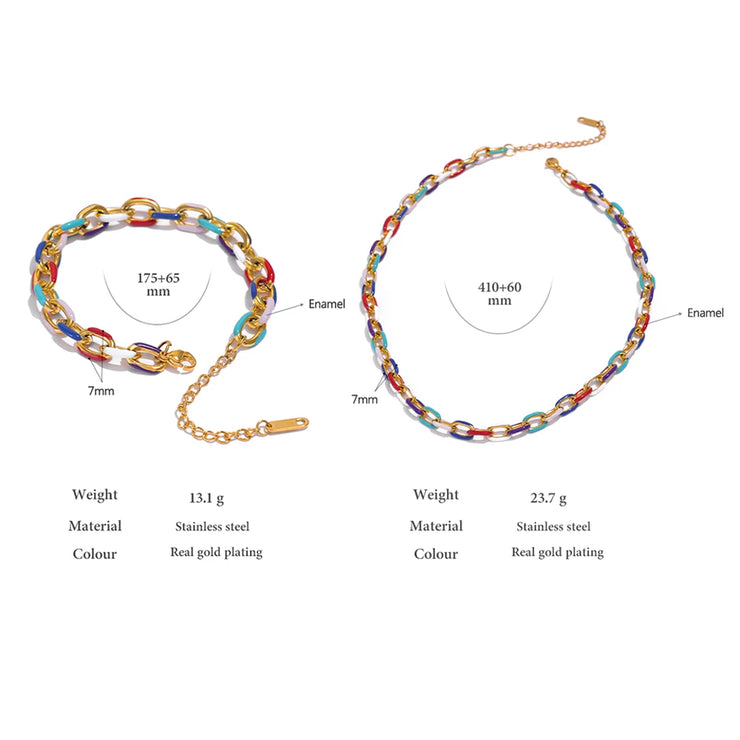 Rainbow Enamel Chain Necklace Bracelet Set