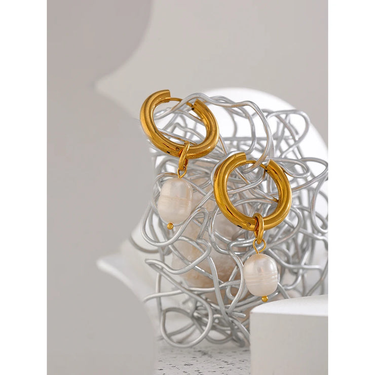 Gold Geometric Pearl Hoop Earrings