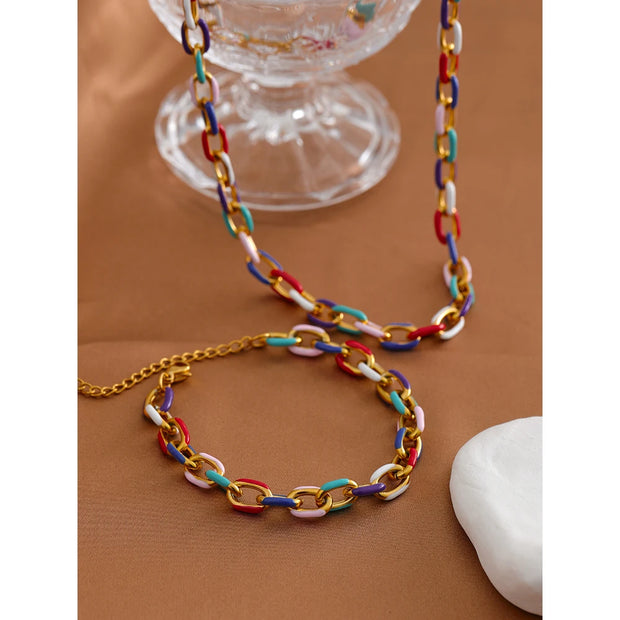 Rainbow Enamel Chain Necklace Bracelet Set