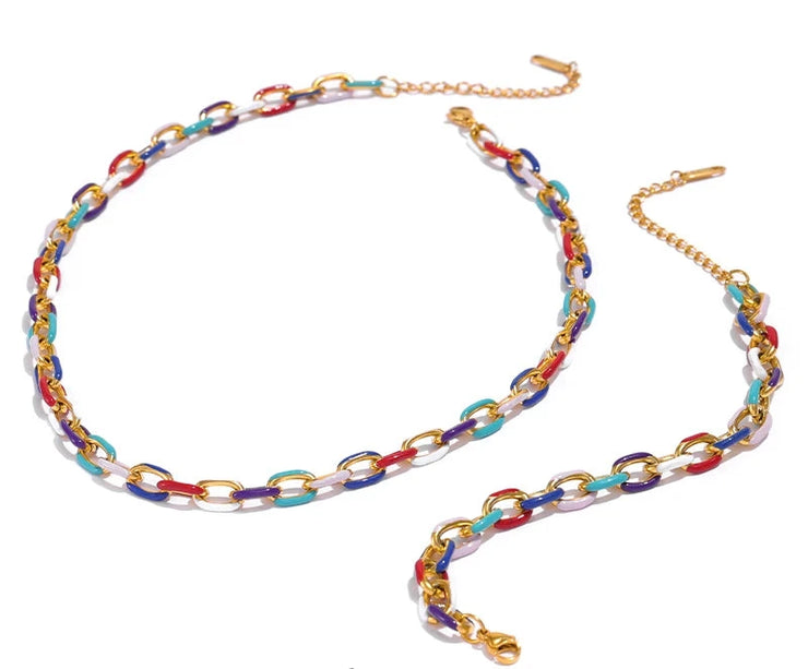 Rainbow Enamel Chain Necklace Bracelet Set