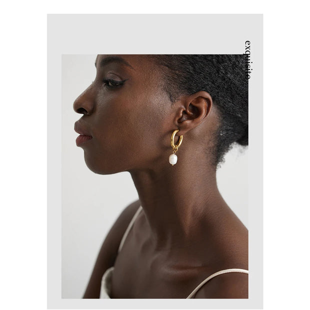 Gold Geometric Pearl Hoop Earrings