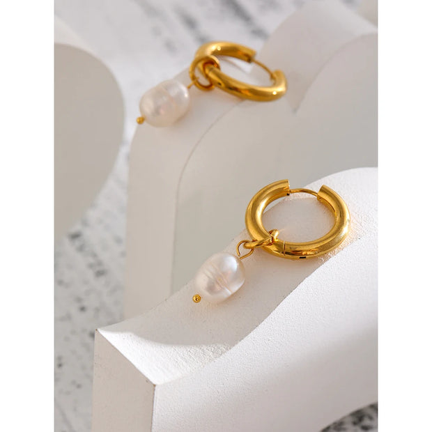 Gold Geometric Pearl Hoop Earrings