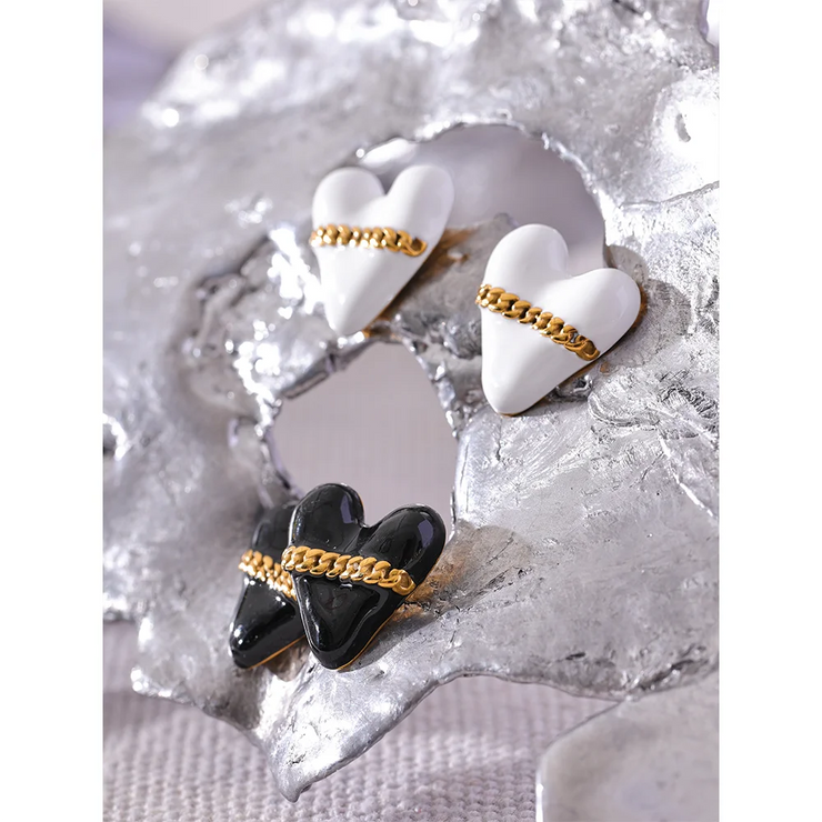 Black & White Enamel Heart Studs