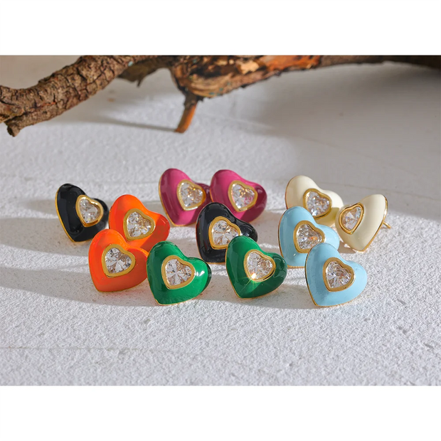 Colorful Enamel Heart Stud Earrings