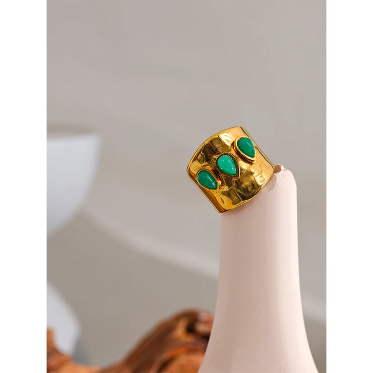 Green Natural Stone 18k Gold Plated Metal Wide Ring