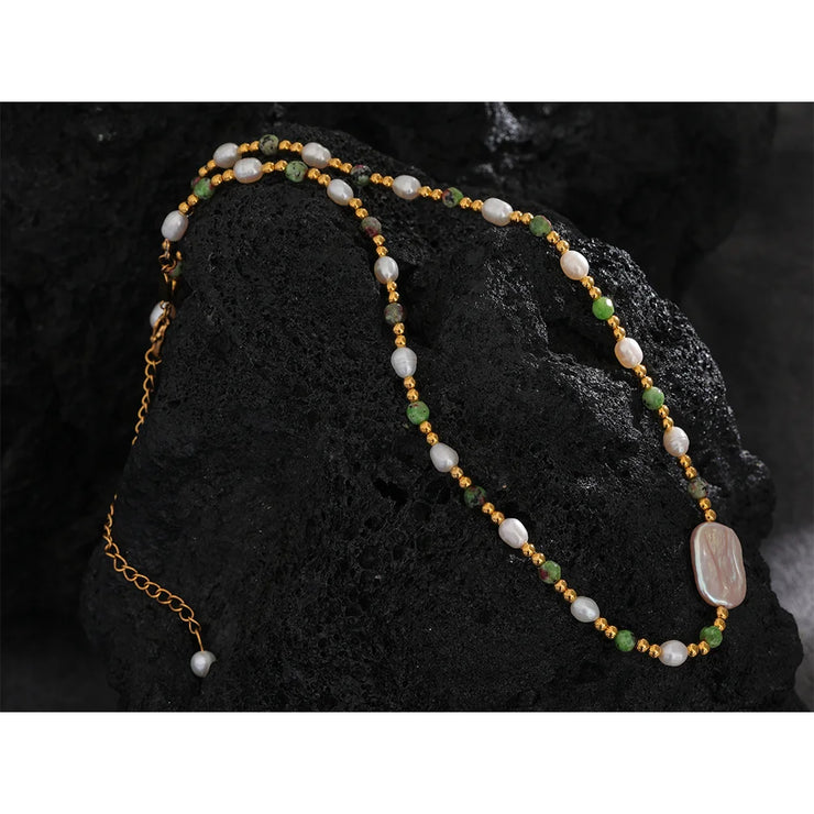 Green Stone & Pearl Baroque Necklace