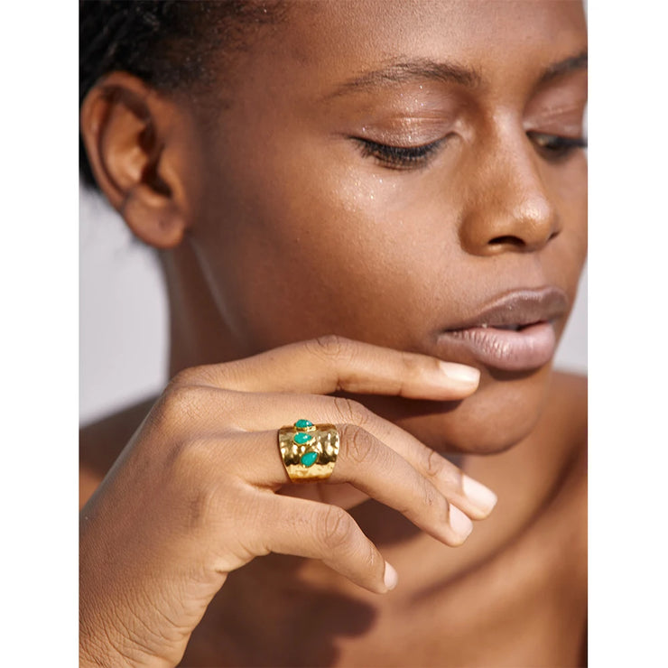 Green Natural Stone 18k Gold Plated Metal Wide Ring