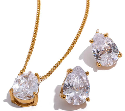 Cubic Zirconia  Water Drop Pendant Necklace Stud Earrings