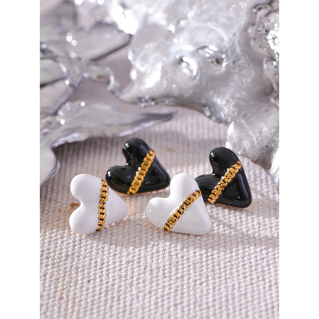 Black & White Enamel Heart Studs