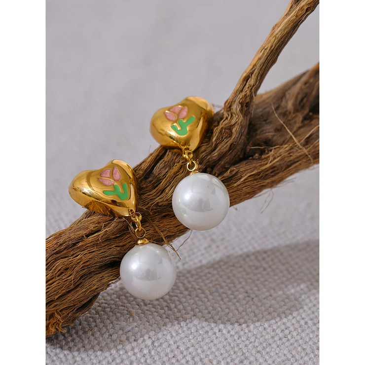 Gold Heart Pearl Drop Earrings