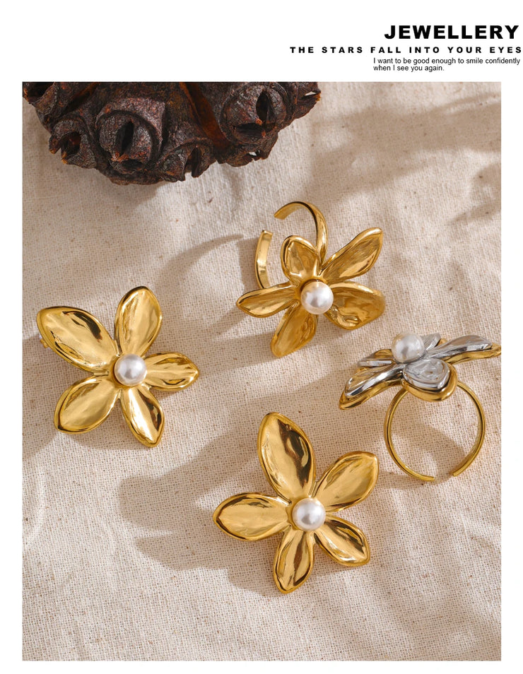 Flower Pearl Stud Earrings & Ring Set