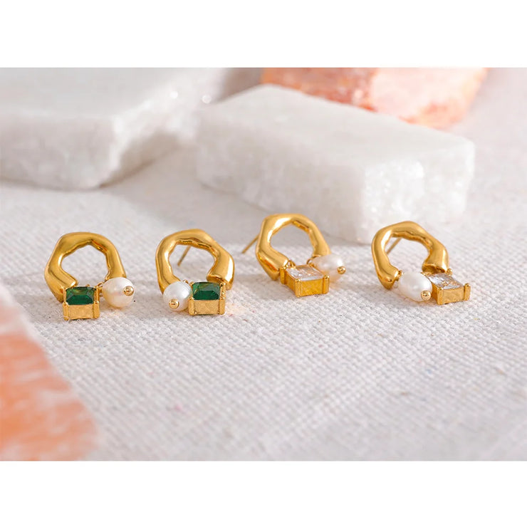 Gold Zirconia & Pearl Drop Earrings