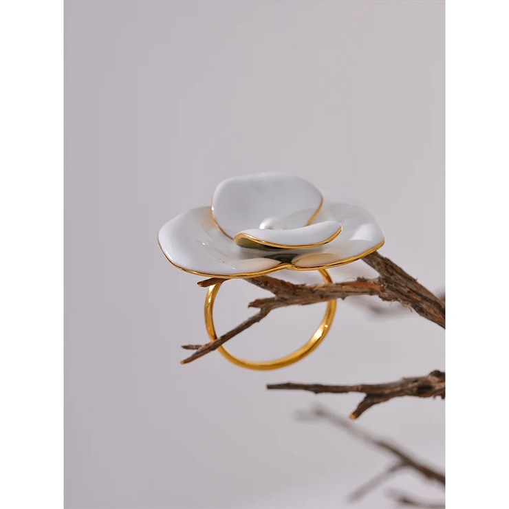 White Enamel Flower Adjustable Ring