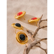 Red & Black Stone Stud Earrings