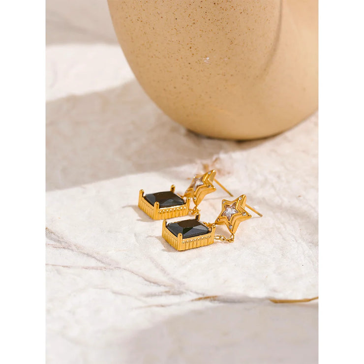 Black Star Square Zircon Drop Earrings