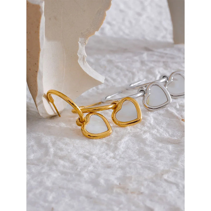 Shell Heart Drop Hoop Earrings