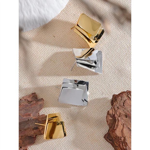 New Glossy Stainless Steel Square Layered Overlay Stud Earrings Gold Silver Color Metal Bling Waterproof Trendy Jewelry Evry Jewelry