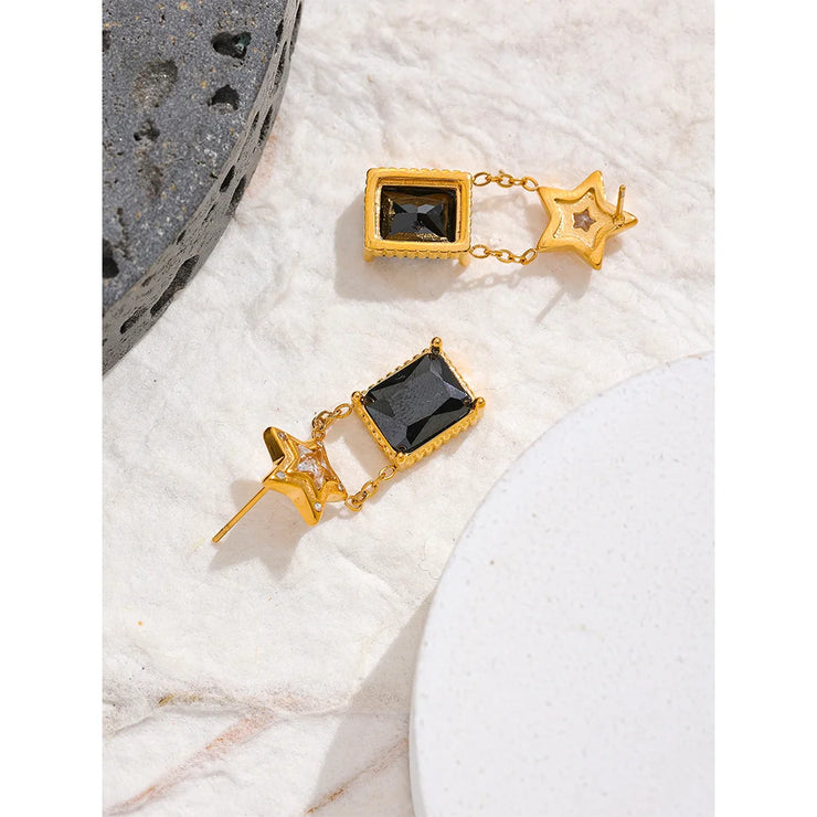 Black Star Square Zircon Drop Earrings