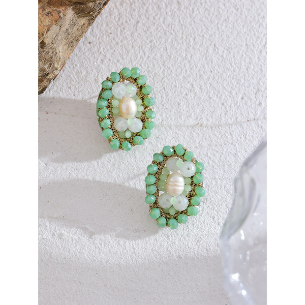 Green Pearl Crystal Stud Earrings