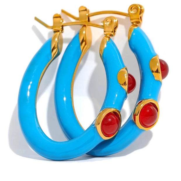 Enamel Agate Stone Hoop Earrings