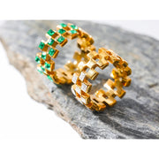 Bling Green White Color Cubic Zirconia Grid Hollow Ring