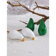 Green & White Enamel Water Drop Stud Earrings