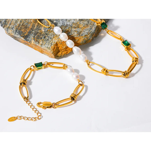 Luxury Green Zircon & Pearl Necklace Bracelet Set