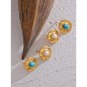 Turquoise Stone & Pearl Stud Earrings