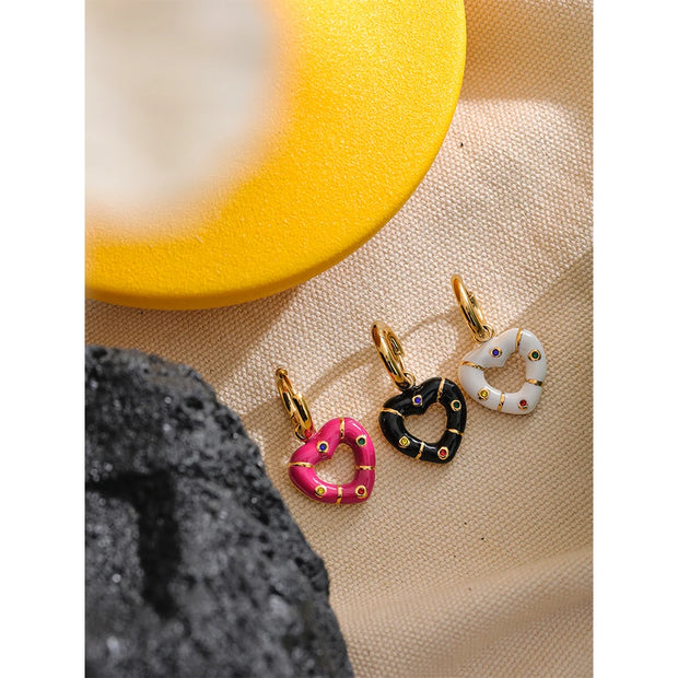 Pink & Black Enamel Heart Earrings