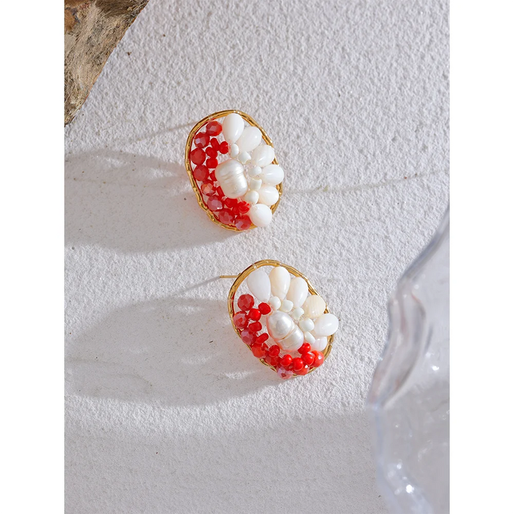 Red Shell Pearl Geometric Stud Earrings