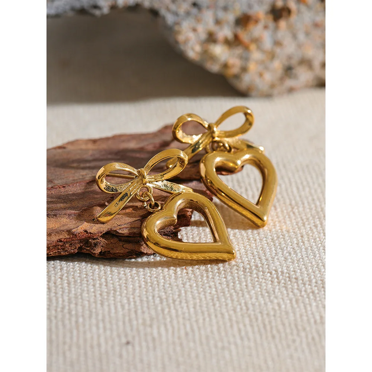 Gold Bow Heart Drop Earrings