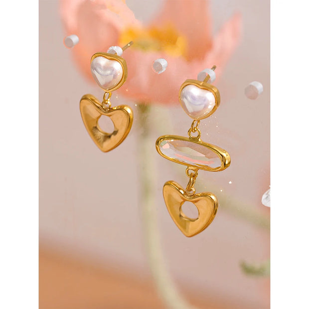 Zircon Heart Imitation Pearls Drop Earrings