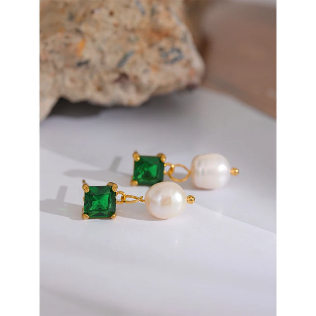 Square CZ Pearl Drop Earrings