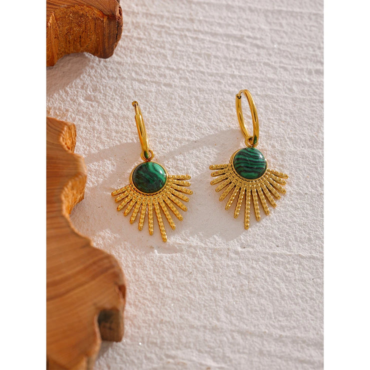 Green Stone Leaf Hoop Earrings