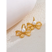 Golden Pearl Bow Knot Hoop Earrings