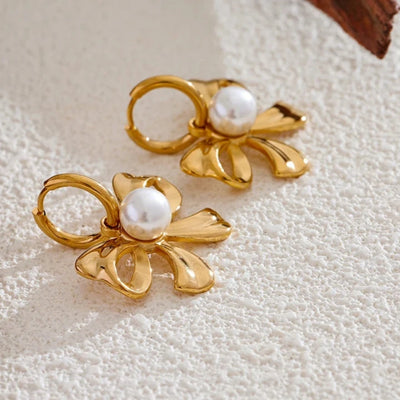 Golden Pearl Bow Knot Hoop Earrings