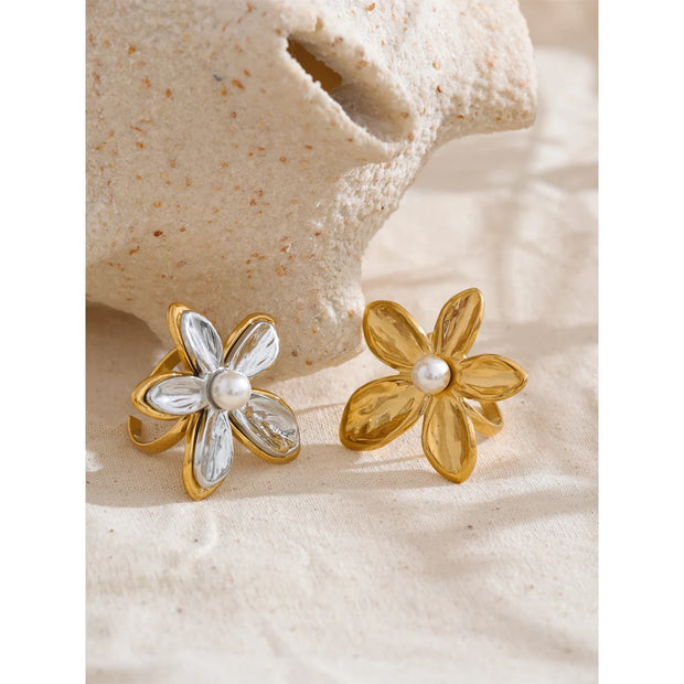 Flower Pearl Stud Earrings & Ring Set