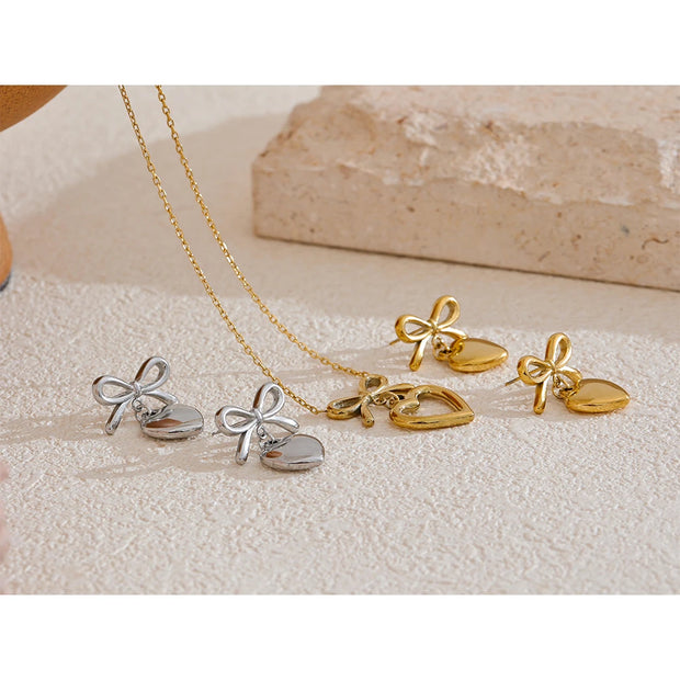 Bow knot Heart Lover Necklace Earrings Set