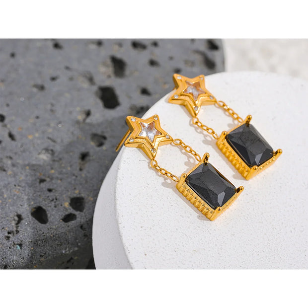 Black Star Square Zircon Drop Earrings