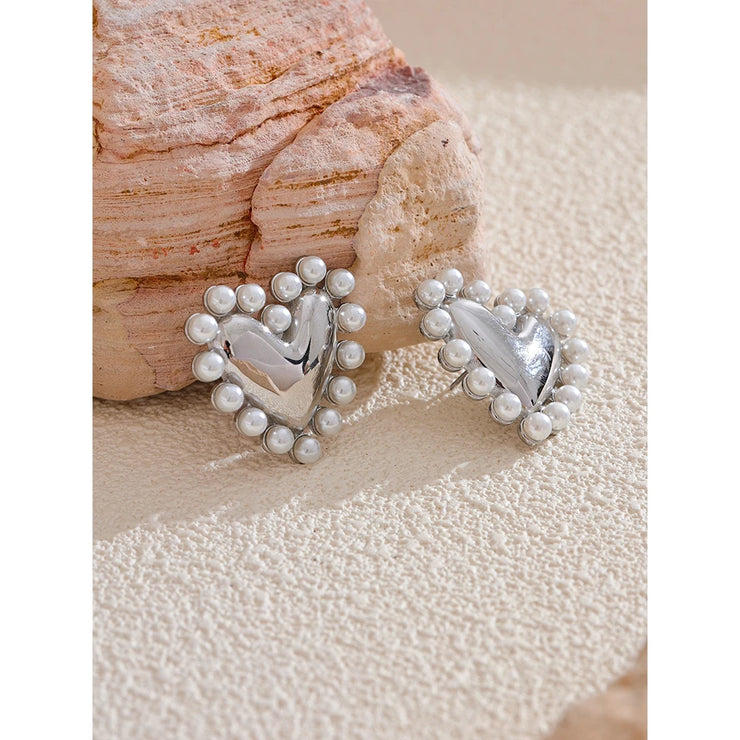 Heart Pearl Stainless Steel Stud Earrings