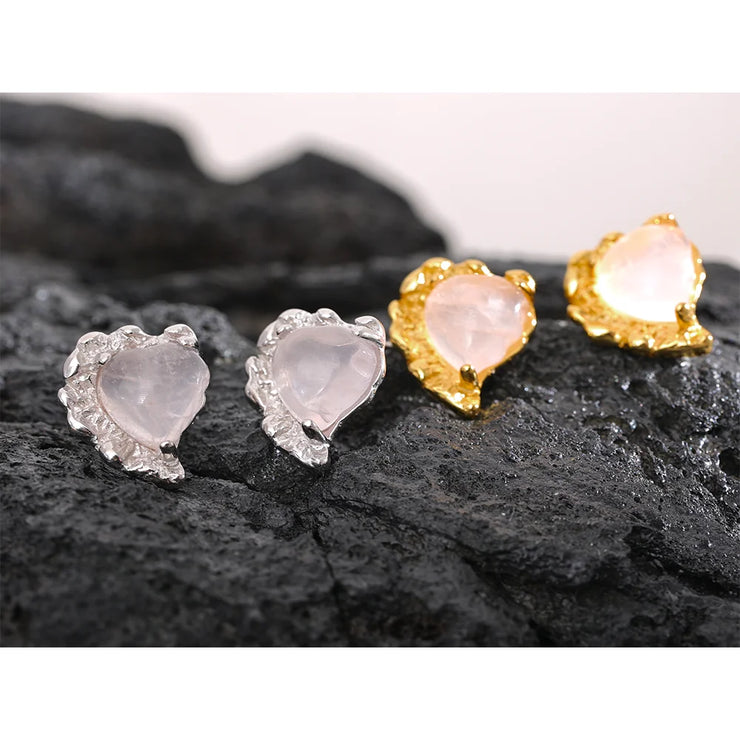 Rose Quartz Stone Heart Sterling Silver Stud Earrings Women Romantic Sweet Stylish Fine Jewelry Girlfriend Gift Lovers