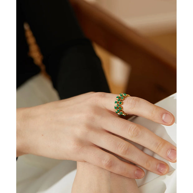 Bling Green White Color Cubic Zirconia Grid Hollow Ring