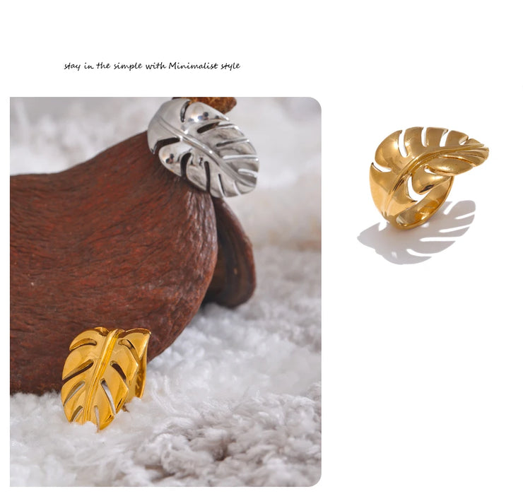 Stylish Design Stainless Steel Metal Leaf Leaves Open Ring Rust Proof Individualistic