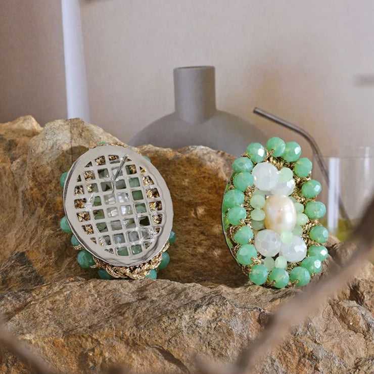 Green Pearl Crystal Stud Earrings