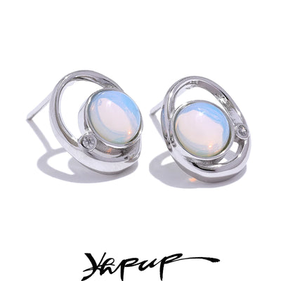 Fashion Natural Stone OPal Shell CZ Round Hollow Stud Earrings for Women S925 Sterling Silver Exquisite Chic Jewelry