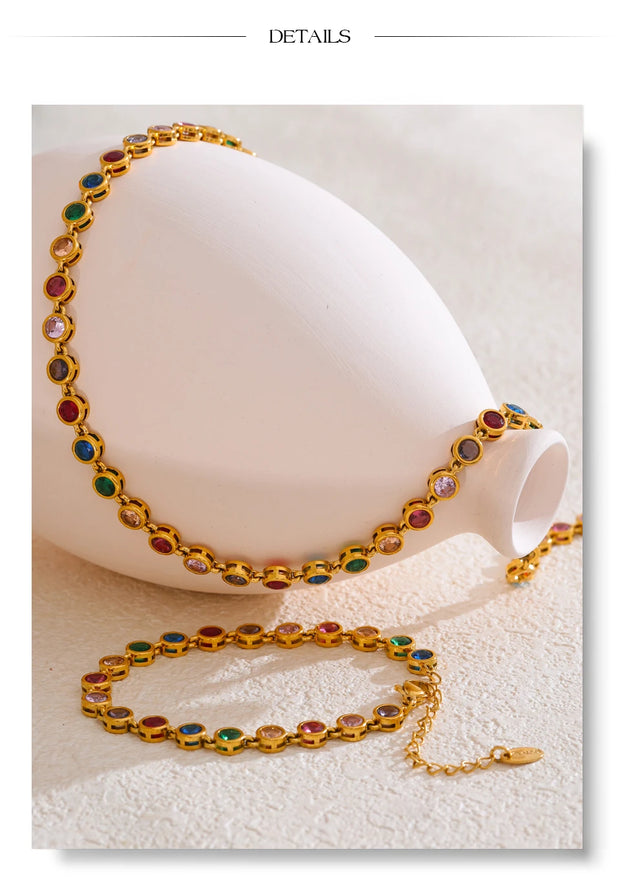 Colorful Cubic Zirconia Cast Chain Necklace & Bracelet