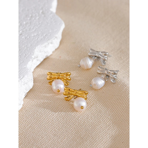 Korean Bow Knot Pearl Drop Earrings