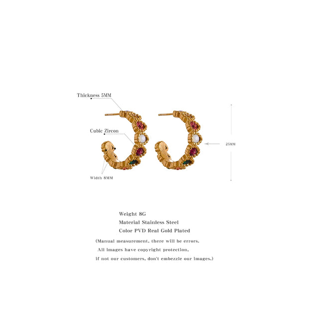 Colorful Zirconia C-Shaped Earrings