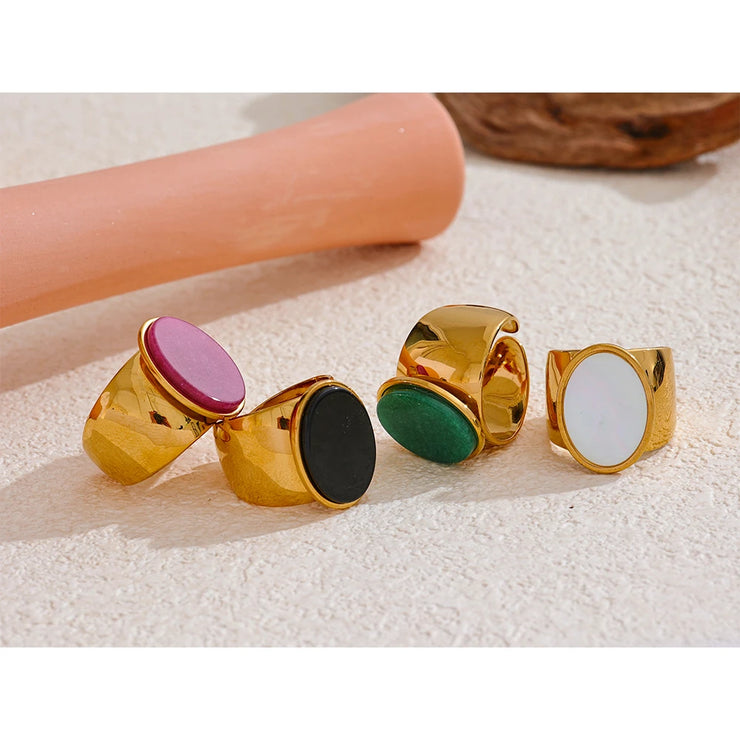 Stone Stainless Steel Gold Color Wide Ring Summer Trendy Fashion Jewelry Accessories Bijoux