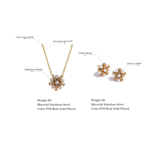 Imitation Pearls Zircon Flower Golden Pendant Necklace Stud Earrings